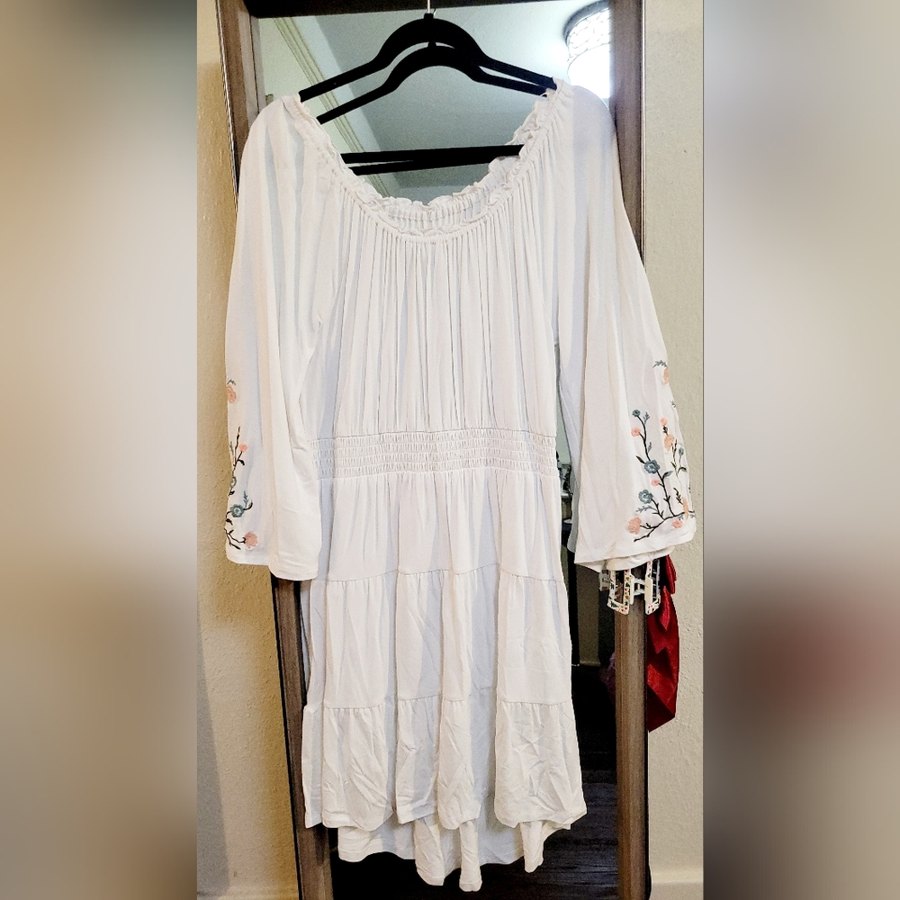 Cupio White Sundress with Bishop Sleeves and Scoop Neck